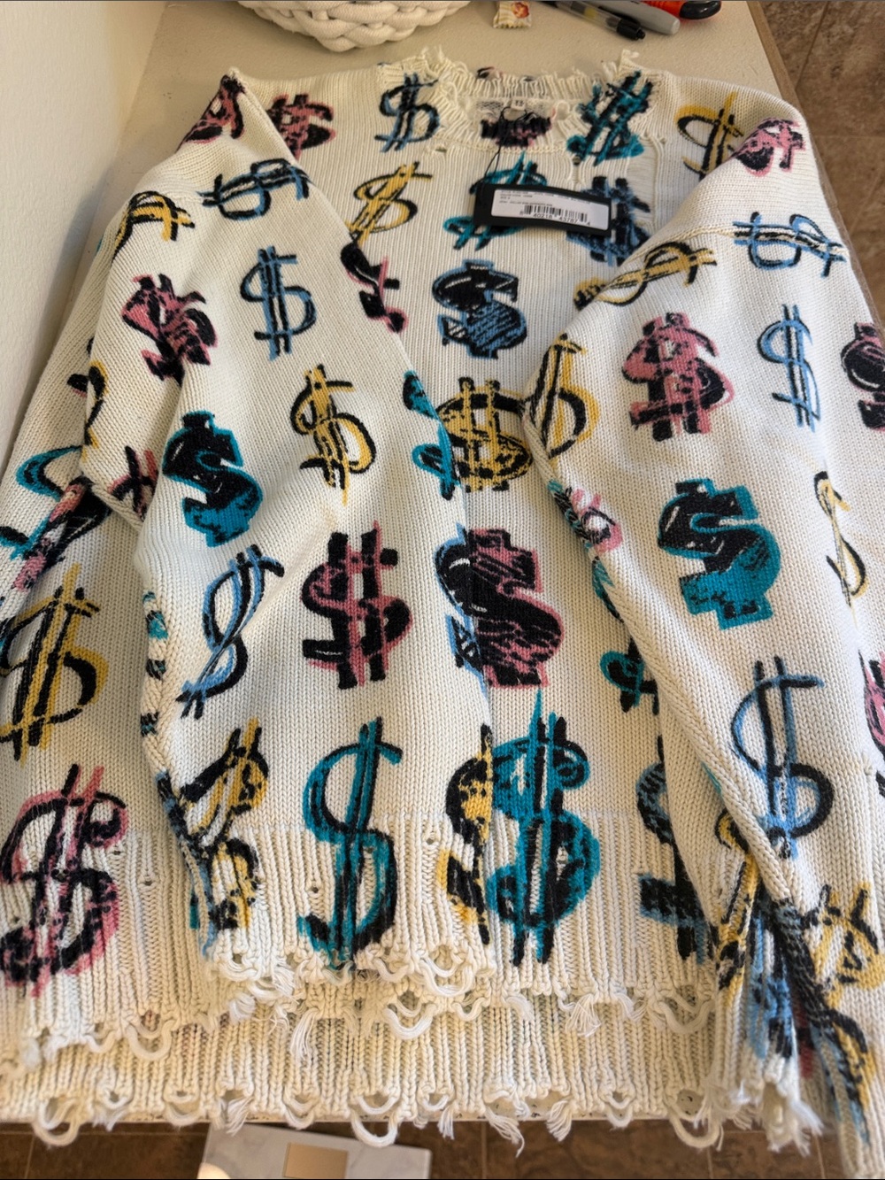 R13 White Crewneck Sweater with Multicolor Dollar Sign Motif